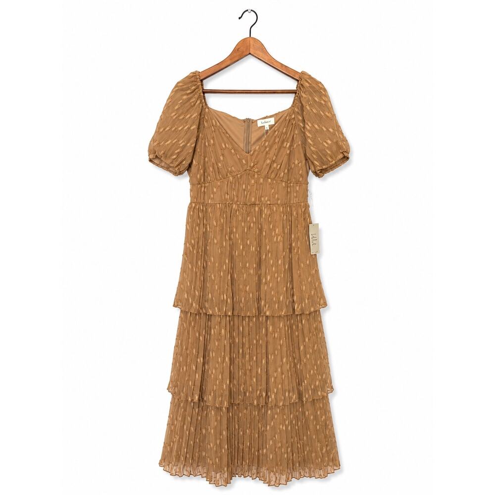 NWT Bohme Tiered Maxi Dress Brown Sz L Boho Peasant Cottagecore Puff Sleeve - Picture 2 of 3